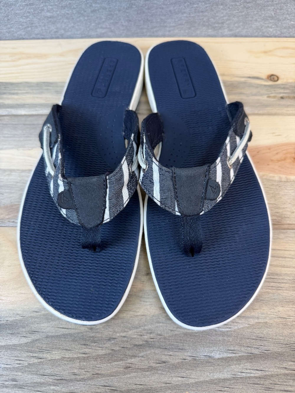 Sperry Top Sider Flip Flop Thongs Sandals Seafish Mariner Size 11 Navy White